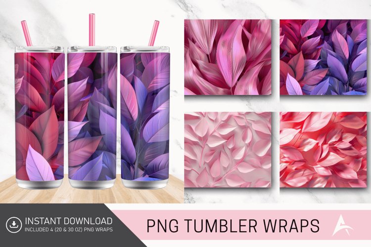 3D Abstract Leaves Pink Tumbler wrap example image 1