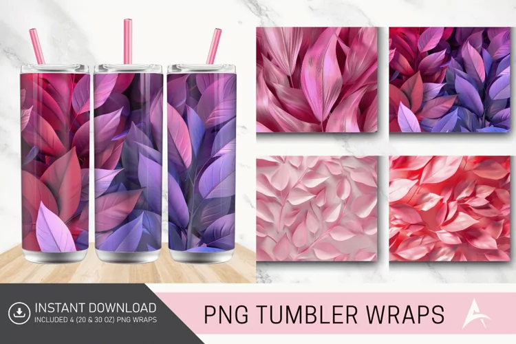 3D Abstract Leaves Pink Tumbler wrap