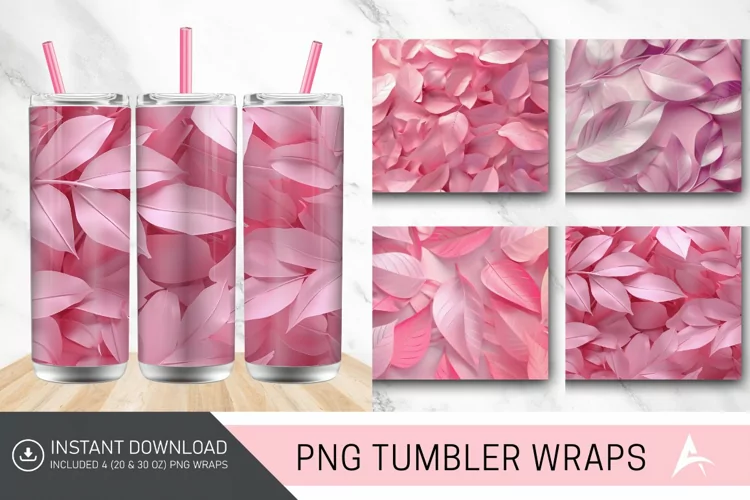 3D Abstract Leaves Pink Tumbler wrap