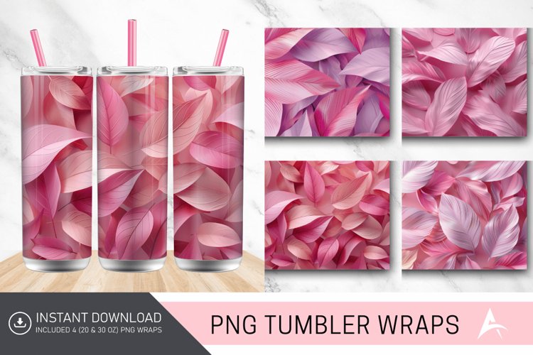 3D Abstract Leaves Pink Tumbler wrap example image 1