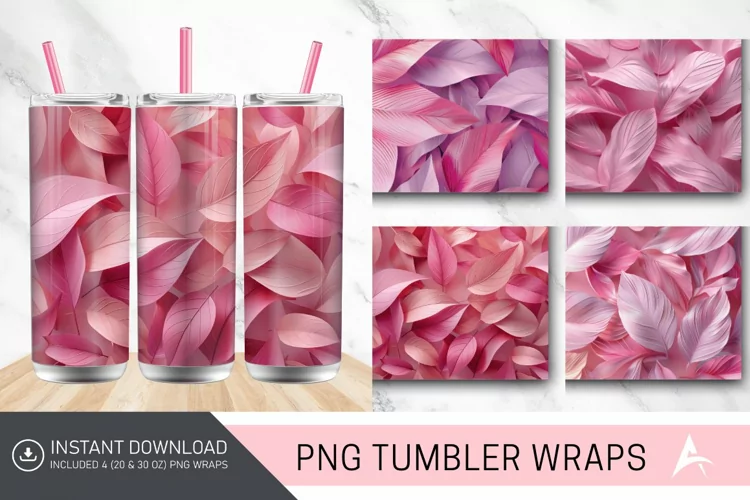3D Abstract Leaves Pink Tumbler wrap