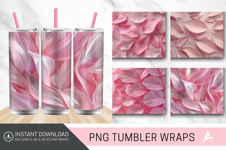 3D Abstract Leaves Pink Tumbler wrap