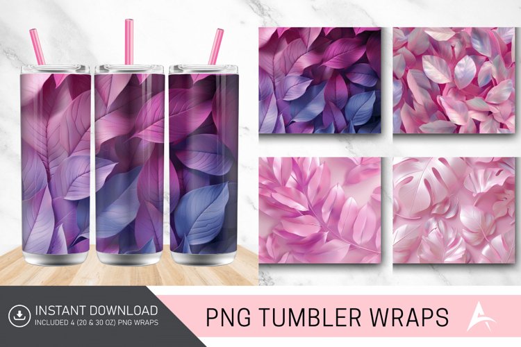 3D Abstract Leaves Pink Tumbler wrap example image 1