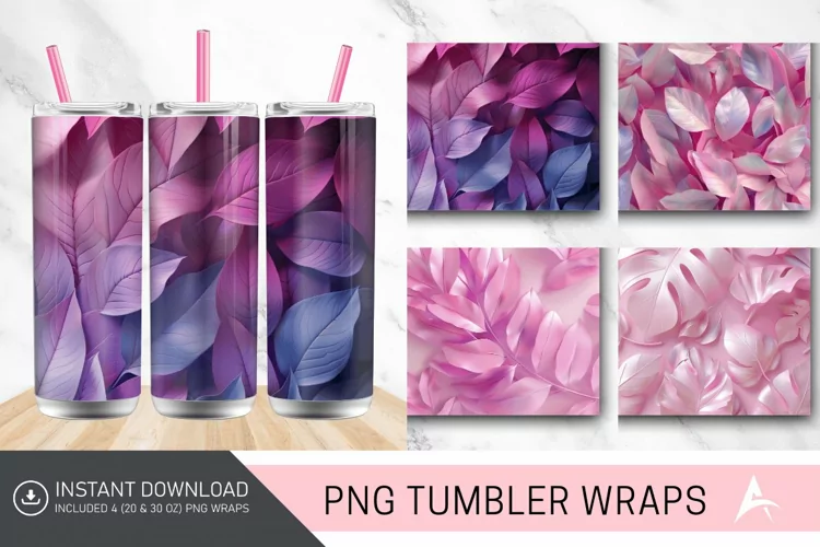 3D Abstract Leaves Pink Tumbler wrap