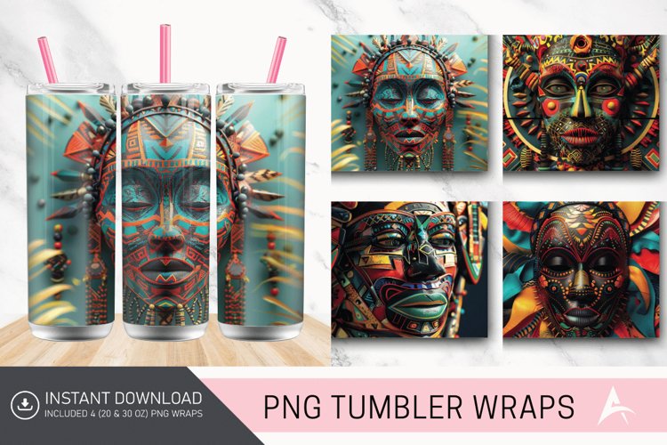 3D African Tribal Mask Tumbler wrap example image 1