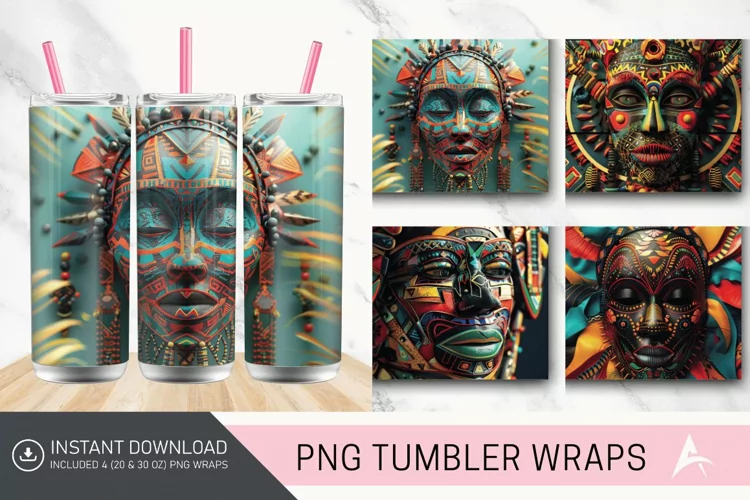 3D African Tribal Mask Tumbler wrap