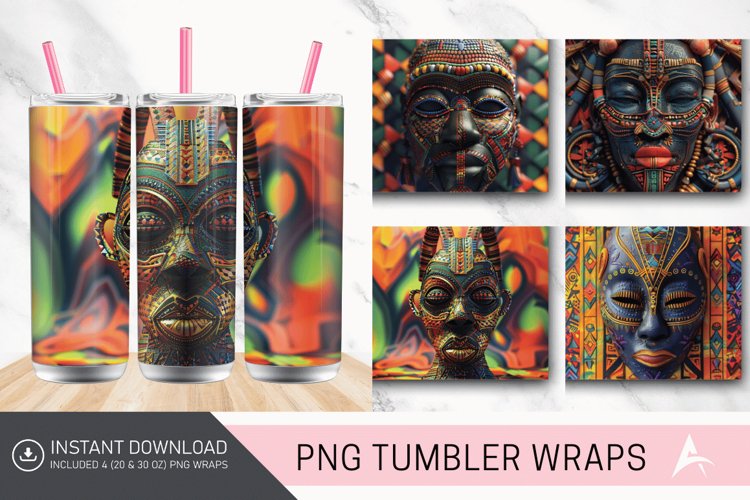 3D African Tribal Mask Tumbler wrap example image 1