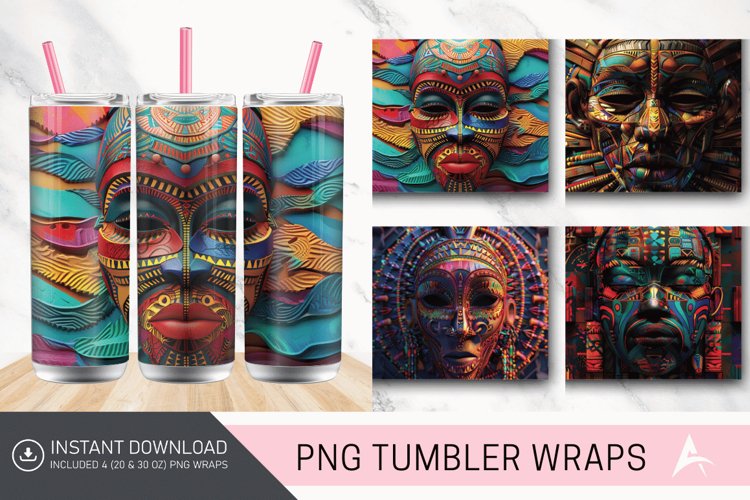 3D African Tribal Mask Tumbler wrap example image 1