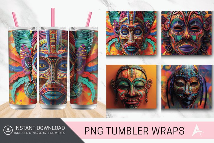 3D African Tribal Mask Tumbler wrap example image 1