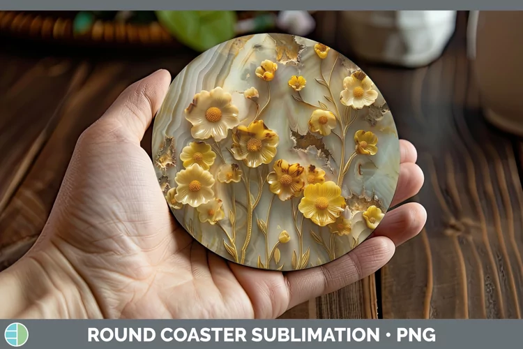 3D Agate Flowers Buttercup Round Coaster Sublimation Coaster