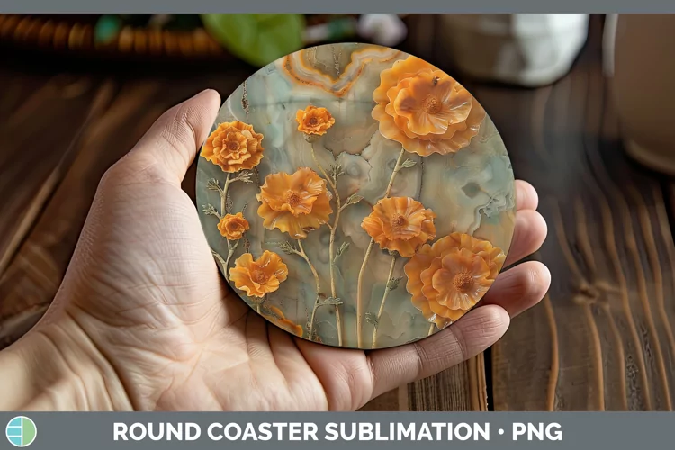 3D Agate Flowers Marigold Round Coaster Sublimation Coaster