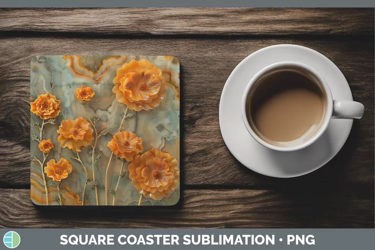 3D Agate Flowers Marigold Square Coaster Sublimation Coaster