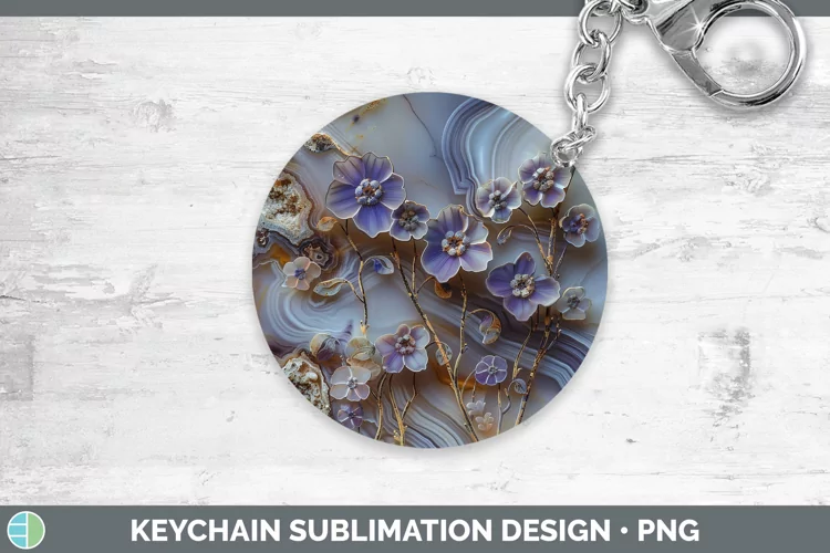 3D Agate Flowers Periwinkle Keychain Sublimation Keyring Des