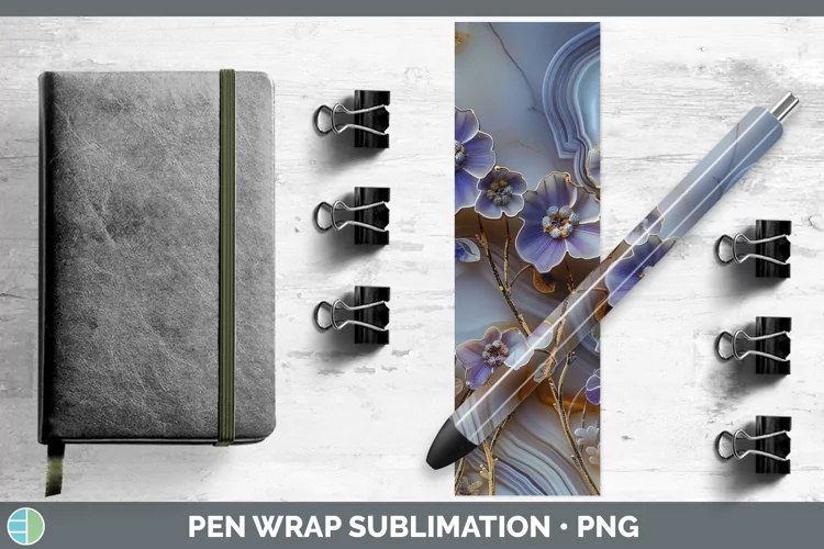 3D Agate Flowers Periwinkle Pen Wrap Sublimation Epoxy Pen D