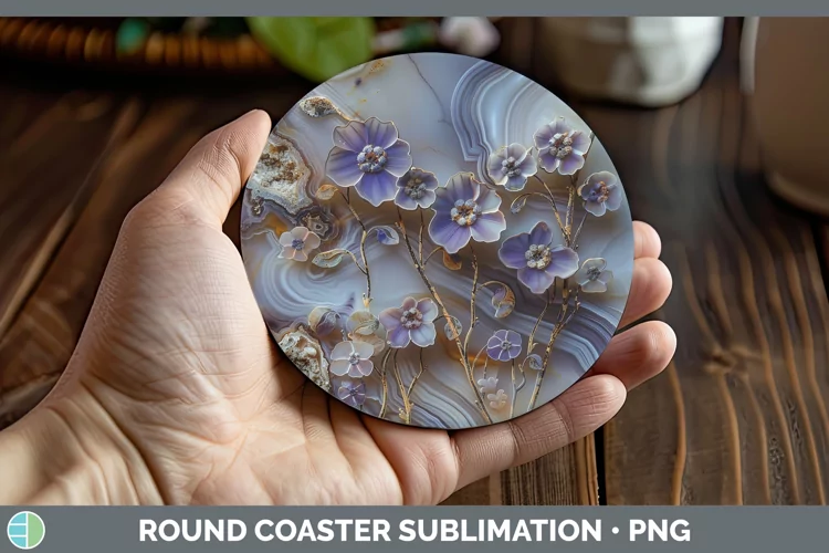3D Agate Flowers Periwinkle Round Coaster Sublimation Coaste
