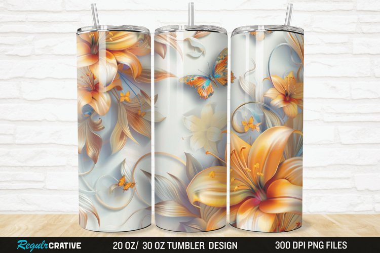 3D And Orange Lily Butterfly Floral 20/30oz Skinny Tumbler example image 1