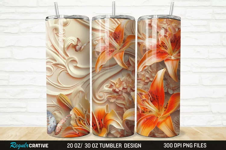 3D And Orange Lily Butterfly Floral 20/30oz Skinny Tumbler