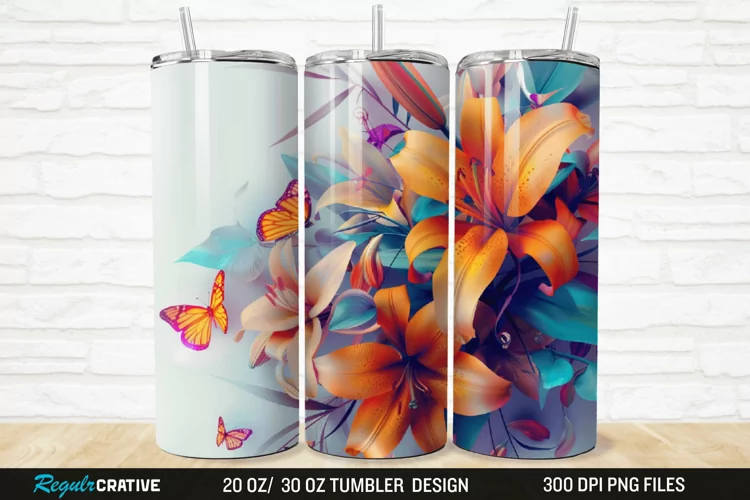 3D And Orange Lily Butterfly Floral 20/30oz Skinny Tumbler