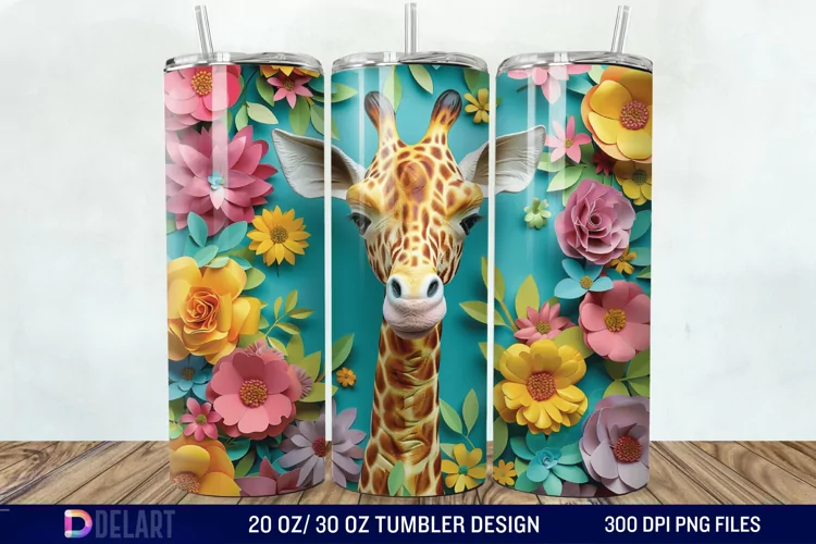 3D Baby Giraffe With Flowers Tumbler Wrap
