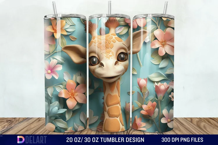 3D Baby Giraffe With Flowers Tumbler Wrap