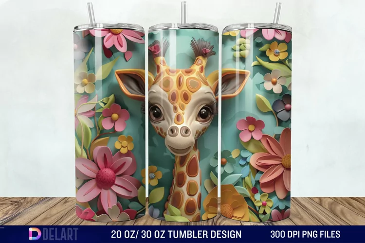 3D Baby Giraffe With Flowers Tumbler Wrap