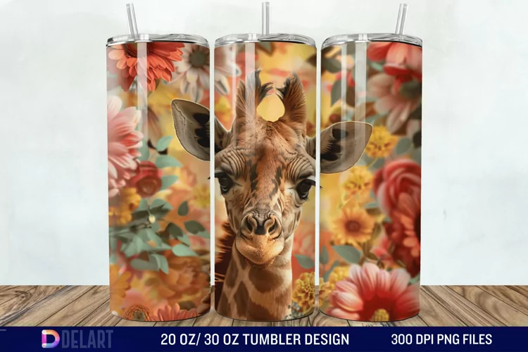 3D Baby Giraffe With Flowers Tumbler Wrap