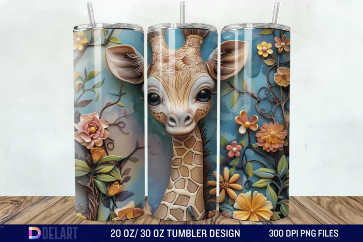 3D Baby Giraffe With Flowers Tumbler Wrap