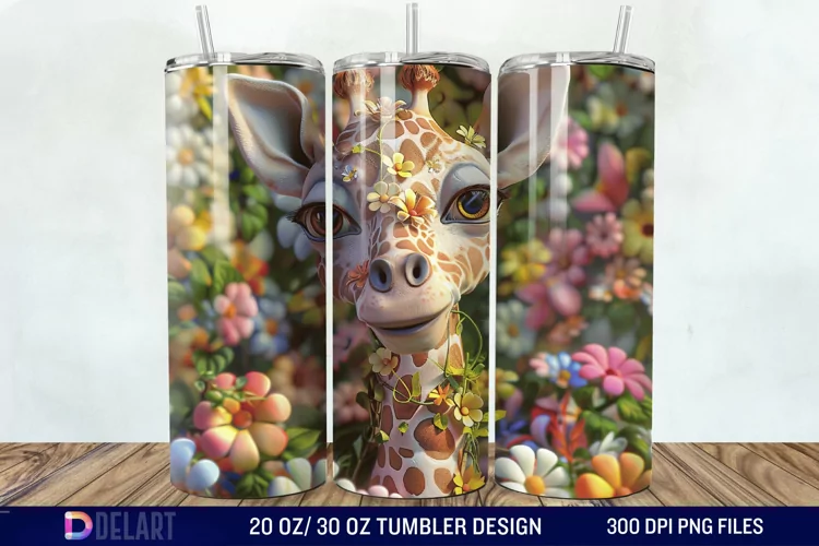 3D Baby Giraffe With Flowers Tumbler Wrap