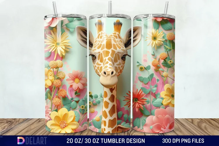 3D Baby Giraffe With Flowers Tumbler Wrap