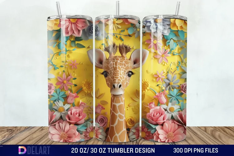 3D Baby Giraffe With Flowers Tumbler Wrap