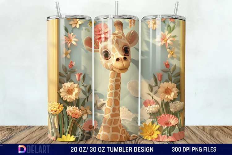 3D Baby Giraffe With Flowers Tumbler Wrap