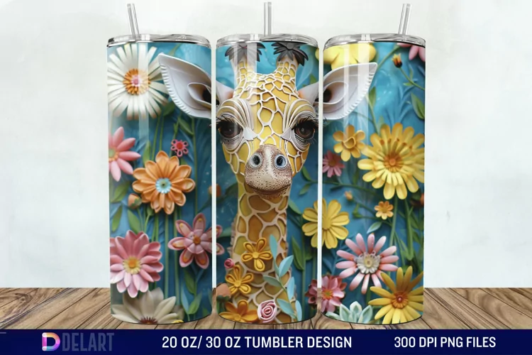 3D Baby Giraffe With Flowers Tumbler Wrap