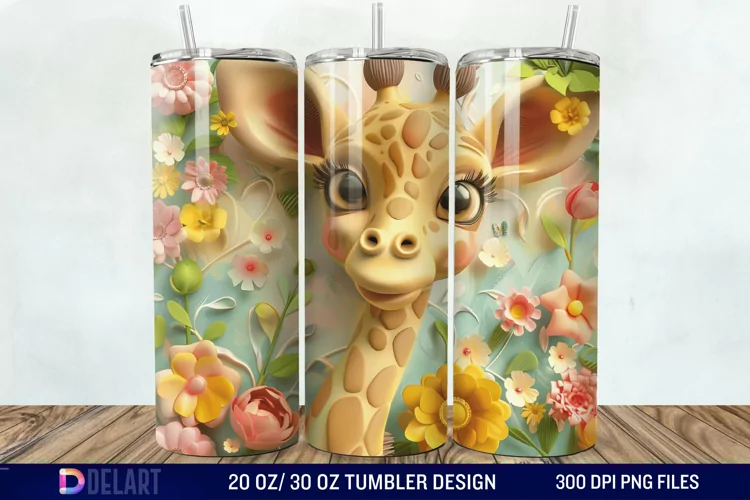 3D Baby Giraffe With Flowers Tumbler Wrap