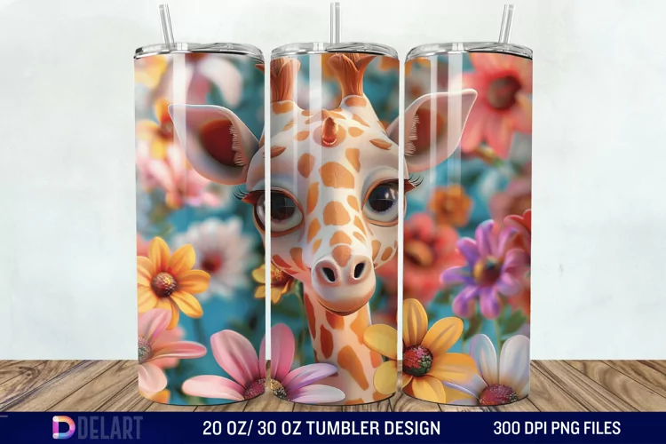 3D Baby Giraffe With Flowers Tumbler Wrap