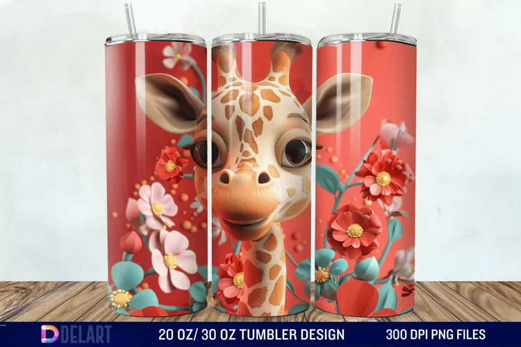 3D Baby Giraffe With Flowers Tumbler Wrap