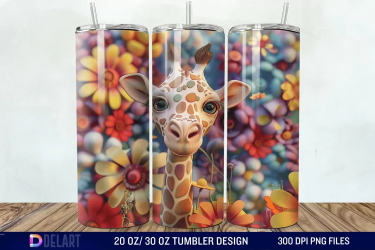 3D Baby Giraffe With Flowers Tumbler Wrap