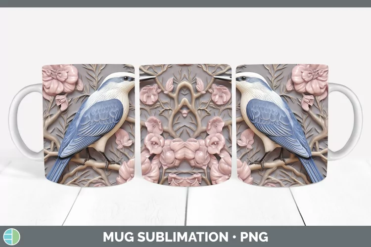 3D Birds Nuthatch Mug Wrap Sublimation Coffee Cup Designs
