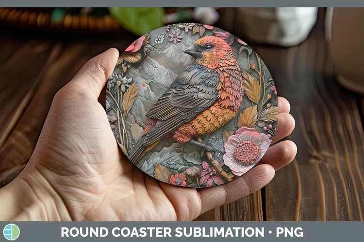 3D Birds Pine Grosbeak Round Coaster Sublimation Coaster Des