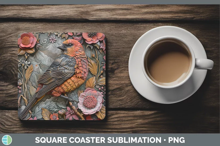 3D Birds Pine Grosbeak Square Coaster Sublimation Coaster De