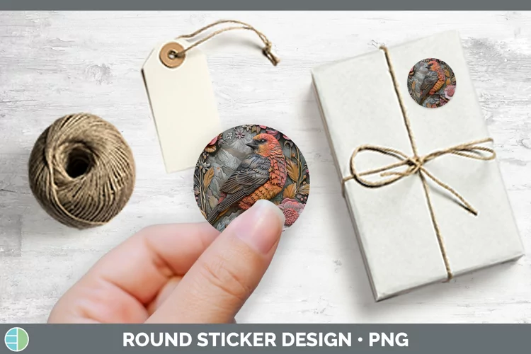 3D Birds Pine Grosbeak Stickers | Round Labels Designs