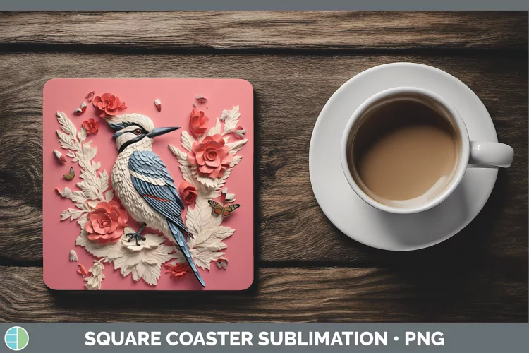 3D Birds Woodpecker Downy Square Coaster Sublimation Coaster