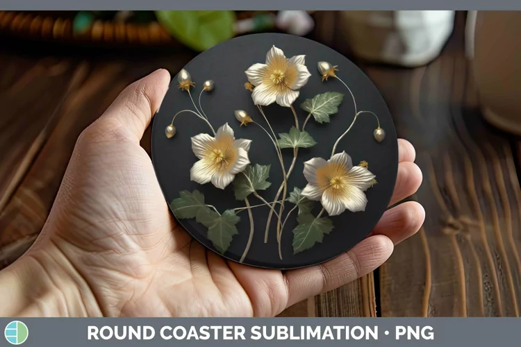 3D Black and Gold Abutilon Round Coaster Sublimation Coaster
