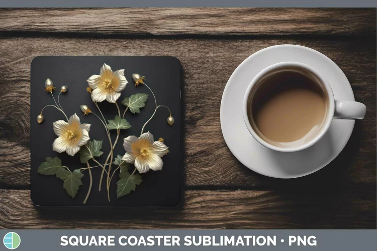 3D Black and Gold Abutilon Square Coaster Sublimation Coaste