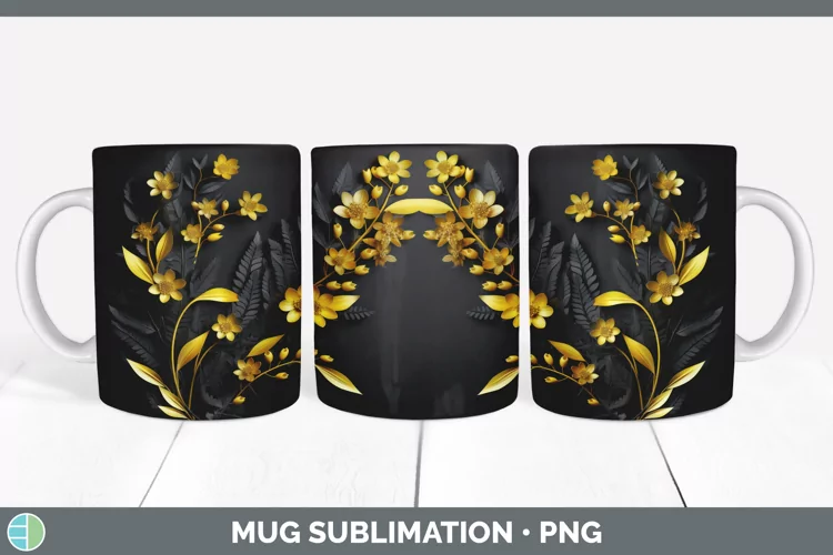 3D Black and Gold Acacia Flowers Mug Wrap | Sublimation Coff