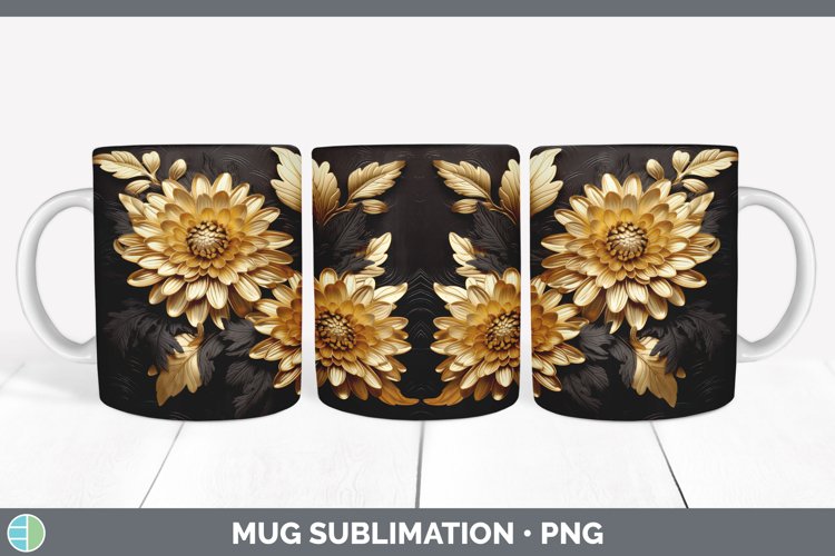 3D Black and Gold Aster Flowers Mug Wrap | Sublimation Coffe
