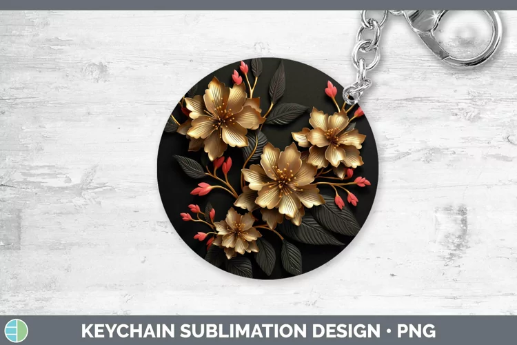 3D Black and Gold Azalea Keychain Sublimation Keyring Design