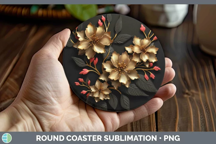 3D Black and Gold Azalea Round Coaster Sublimation Coaster D