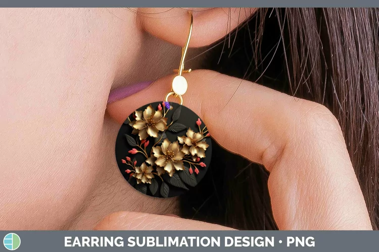 3D Black and Gold Azalea Round Earrings Sublimation Earrings