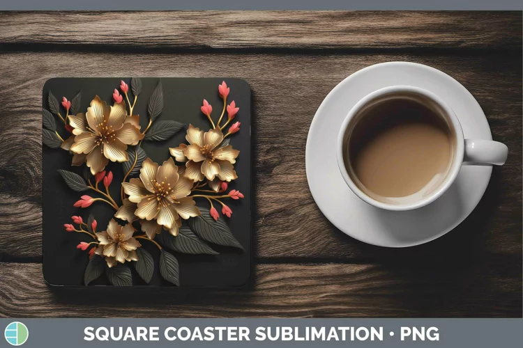 3D Black and Gold Azalea Square Coaster | Sublimation Coaste