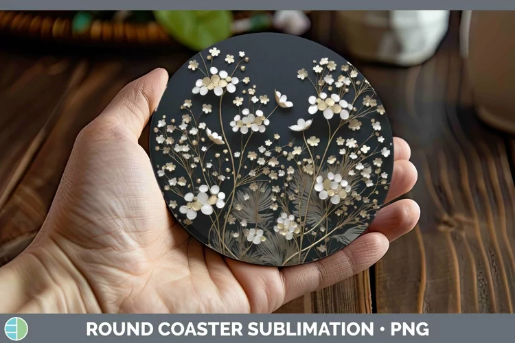 3D Black and Gold Babys Breath Gypsophila Round Coaster Subl